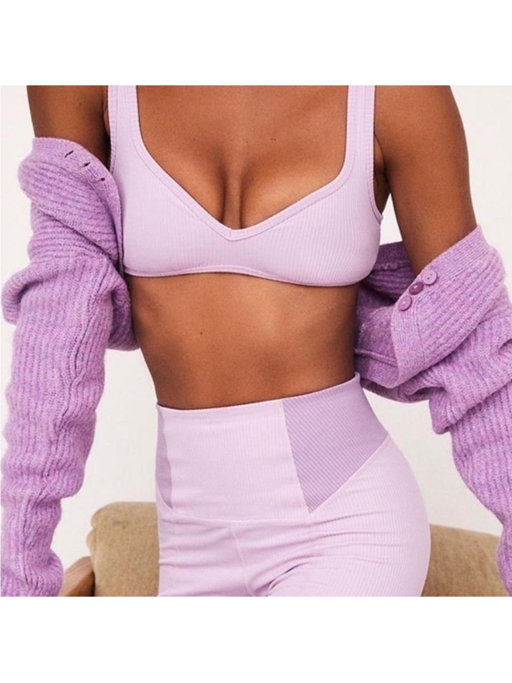 For Love & Lemons Lilac Ribbed Bra, Biker Shorts, & Purple Wool Cardigan - 3 pc